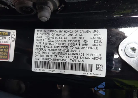 2021 Honda Cr-V Awd Ex-L z USA, uszkodzony, nr VIN 2HKRW2H84MH651166